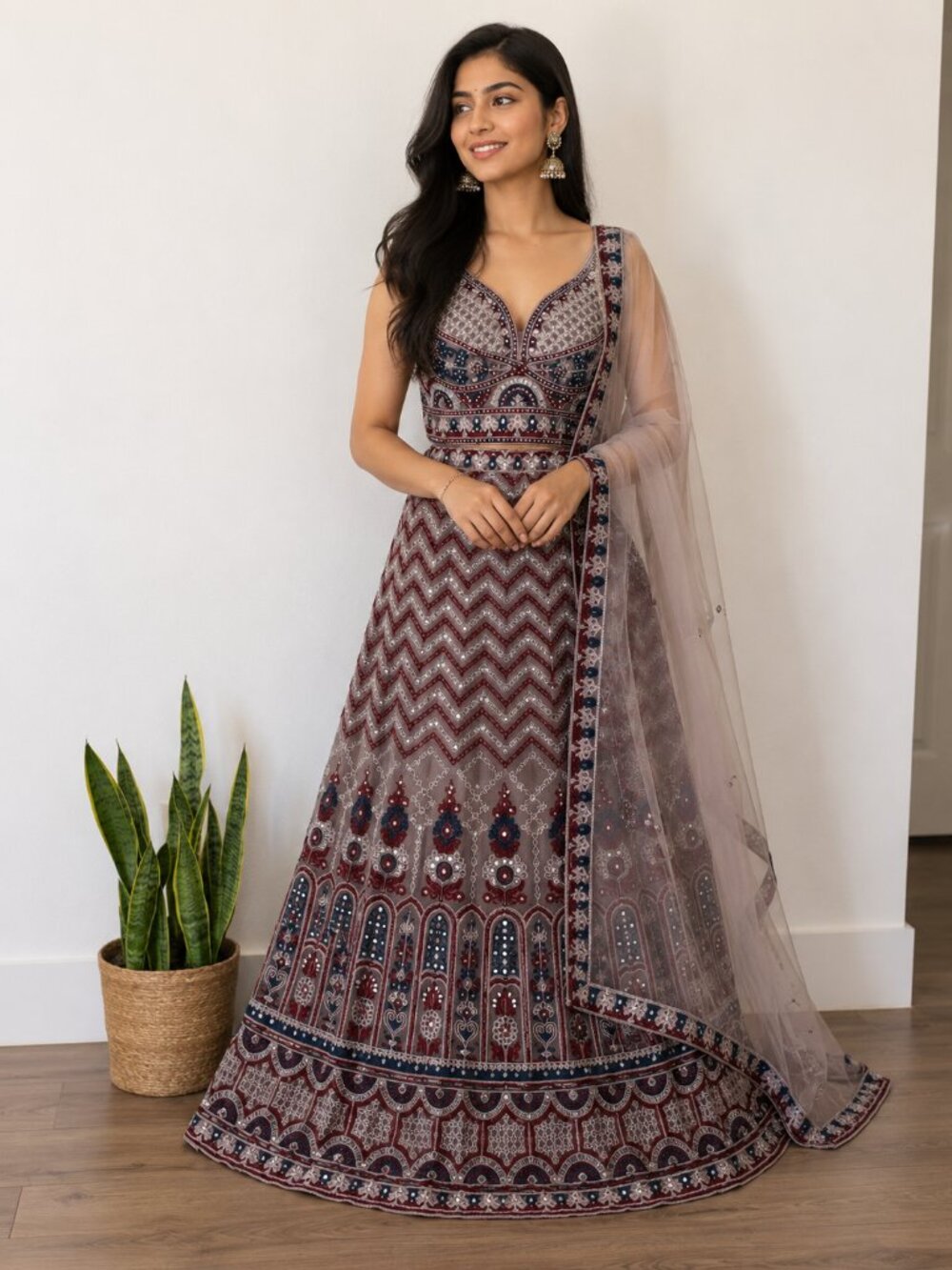 Maroon & Navy Blue Embroidered Lehenga Set with Dupatta |Indian Partywear Outfit